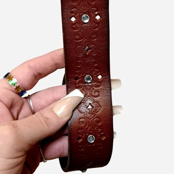 Miss Me Brown Leather Belt with Brass Jeweled Buckle - Picture 6 of 6